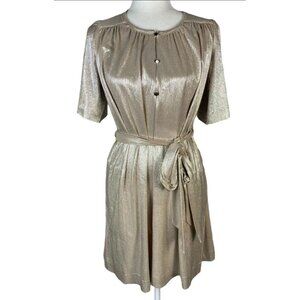 Sabina Musayev Gold Metallic Shimmer Foil O/S Belted Button-up Dress, M, NWOT